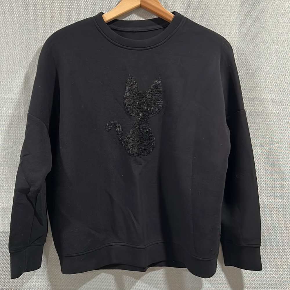 Silk and Cotton Black Sweater with Black Sequin Cat. Size Medium